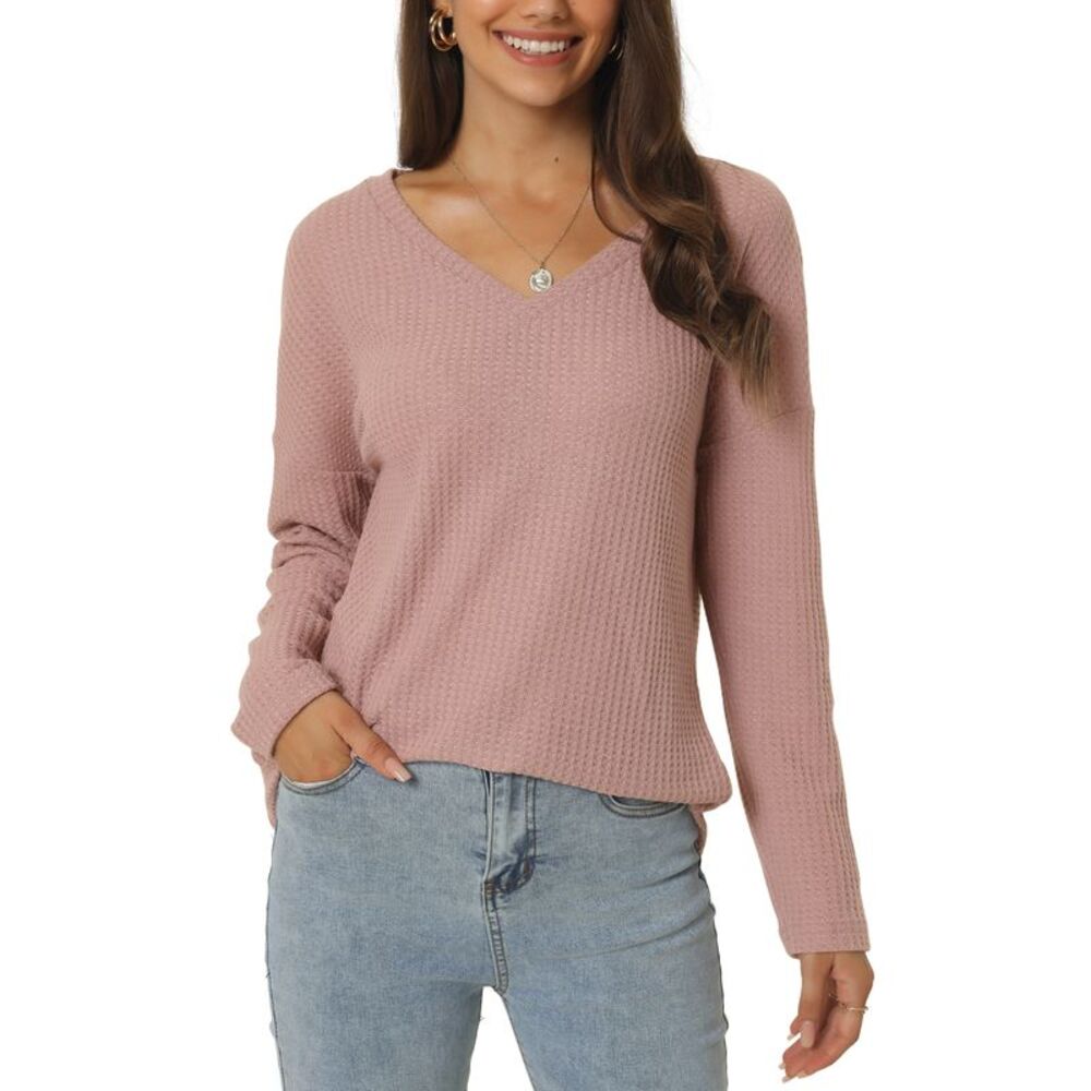 Waffle Knit Tops V Neck Shirts Loose Blouse Lightweight Pullover Dusty Pink